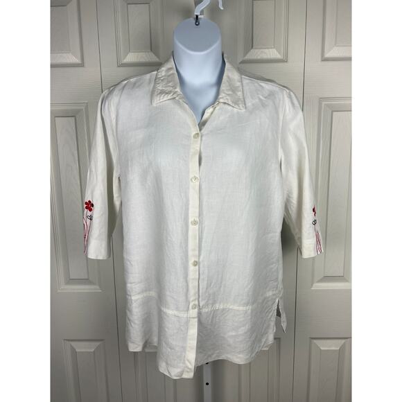 Norton McNaughton White Linen Floral Embroidered Button Collared Tunic Top XL - Picture 2 of 6